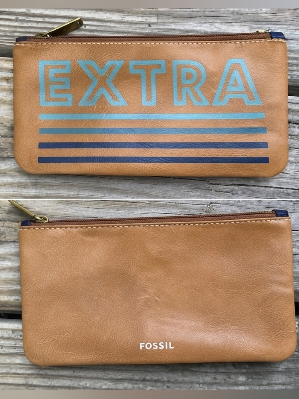 FOSSIL- Leather Zip Pouch - Tan with Turquoise and Navy Accents